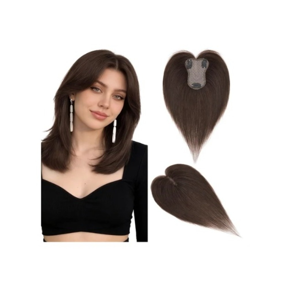 Hairro Human Hair Topper Dark Brown 10in Thinning Hairpiece Middle Part Bangs